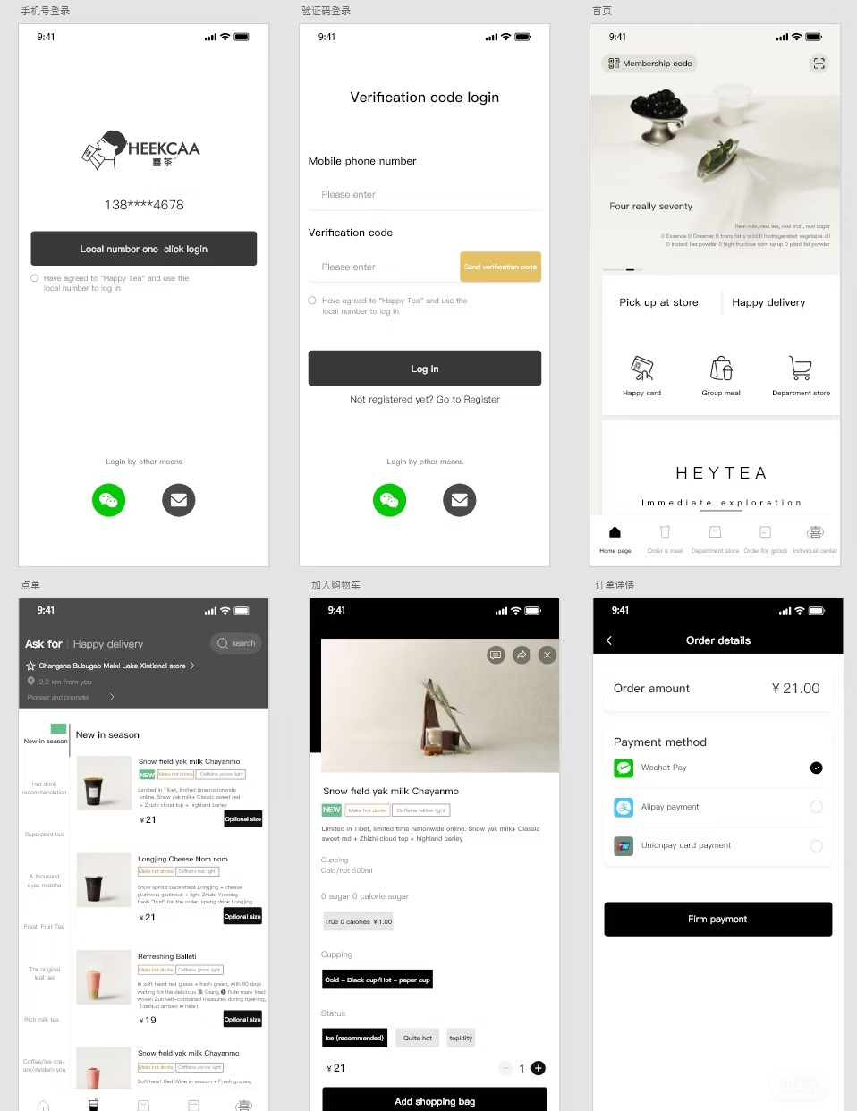 Overview of the full mini app ordering flow across multiple screens
