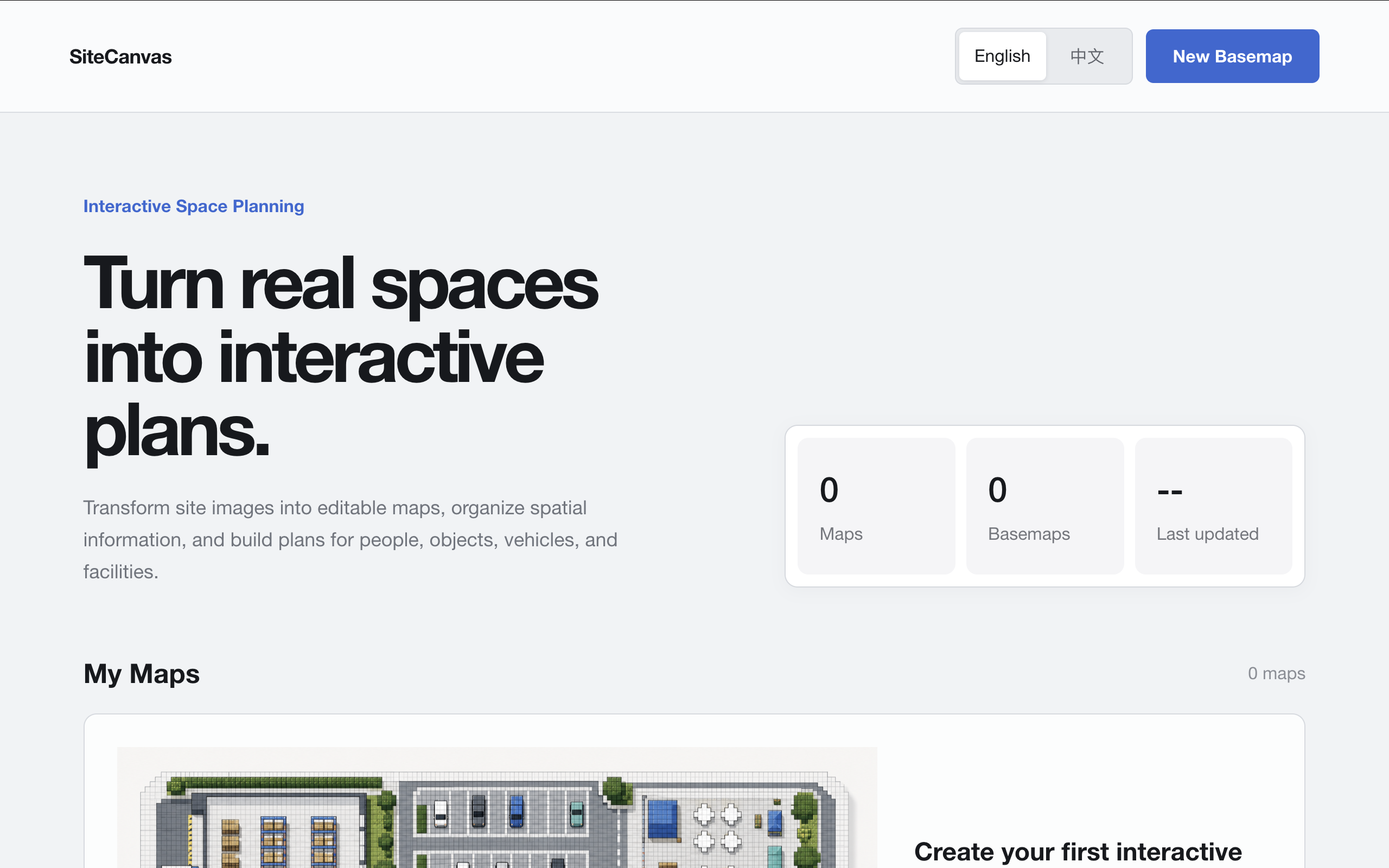 SiteCanvas dashboard listing saved maps and basemaps