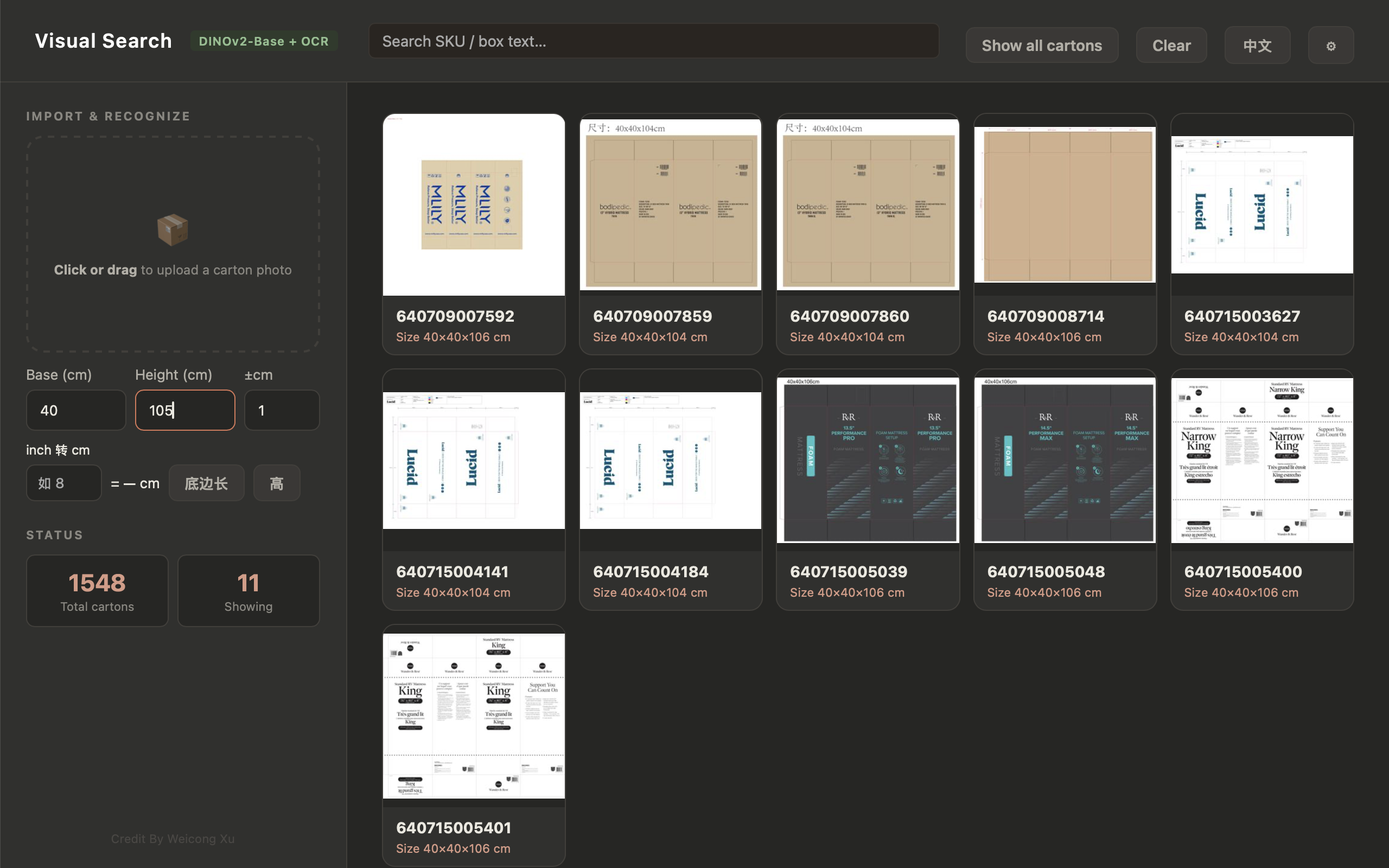 Size and keyword filtering narrowing the carton list